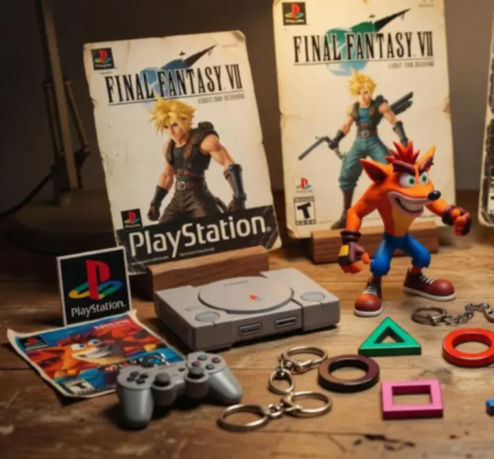Kolekcja nostalgicznych gadżetów z limitowanych wydań gier PlayStation: breloczki, figurki i plakaty