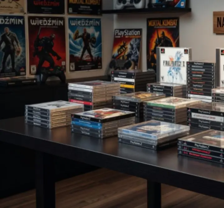 Stos najnowszych gier PS1 i PS2 w pudełkach, przygotowanych do dodania do katalogu sklepu