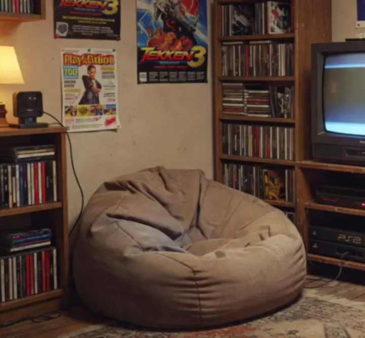 Nostalgiczny pokój gracza z klasycznymi konsolami i półkami z grami PlayStation