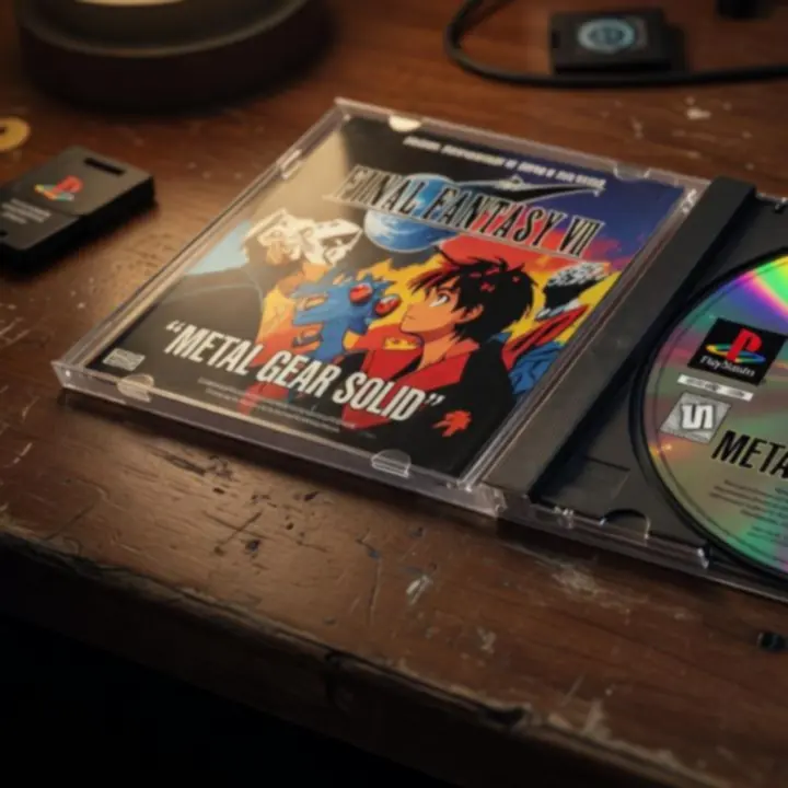 Oryginalne płyty z grami PlayStation na tle retro zestawu konsolowego