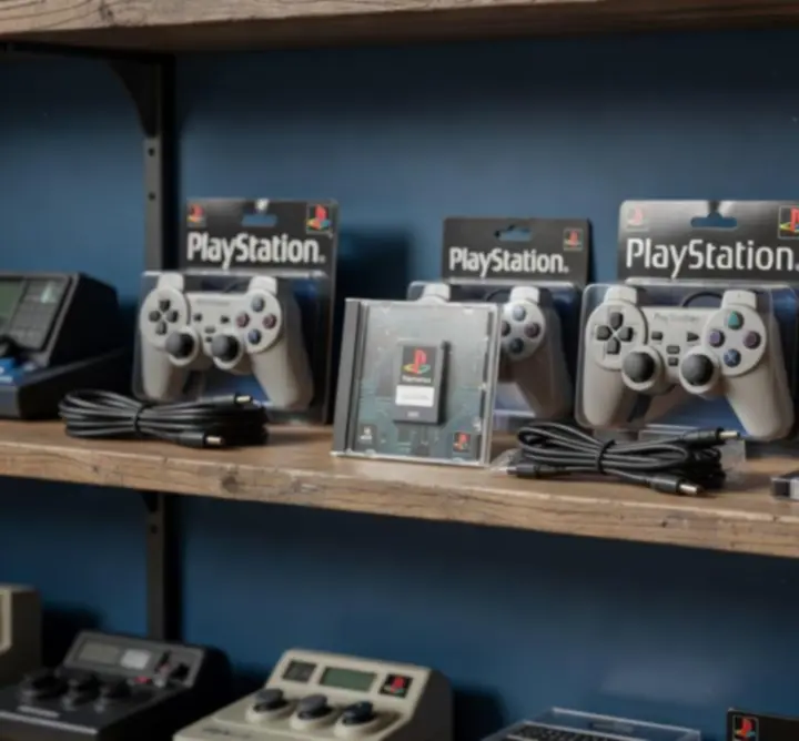 Starannie zapakowane akcesoria i gry retro PlayStation przygotowane do wysyłki