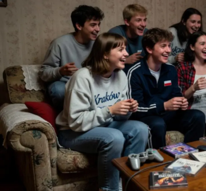 Dzieci grające na klasycznej konsoli PlayStation w salonie gier w latach 90.