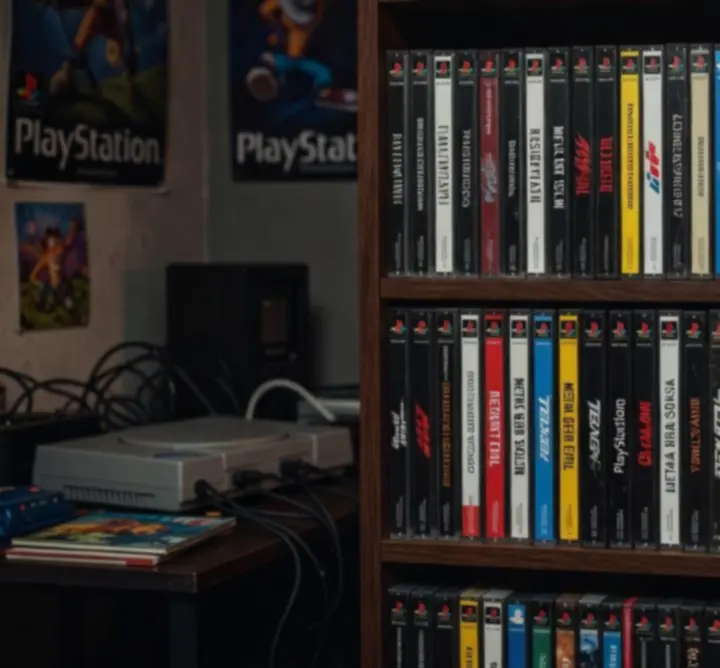 Półka z kolekcją oryginalnych gier PlayStation 1 w sklepie retro Widownia Spot
