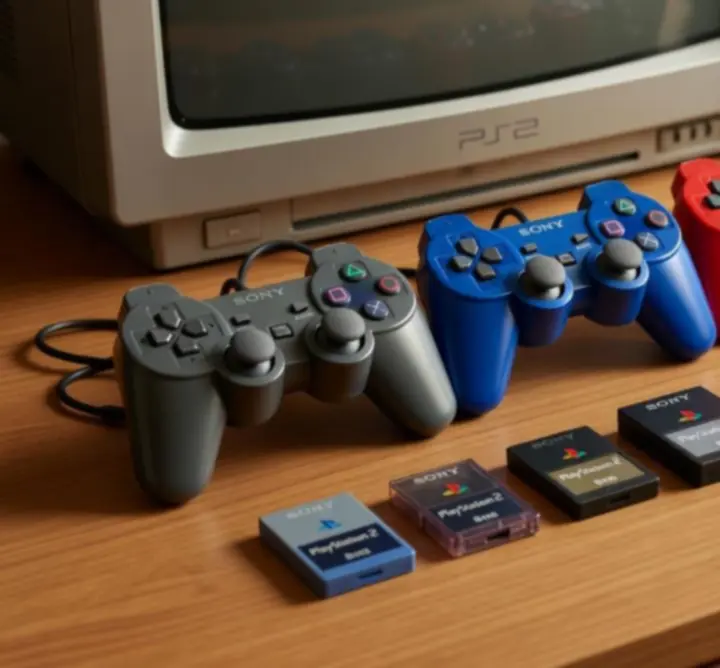 Kolekcja akcesoriów do PlayStation 2: pady, memory cardy i inne dodatki