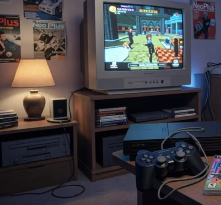 Pokój w nostalgicznym klimacie lat 2000 z konsolą PlayStation 2