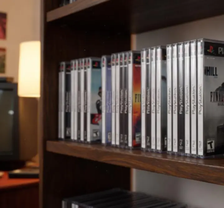 Półka z rzadkimi grami PlayStation 1 i PlayStation 2 w pudełkach kolekcjonerskich