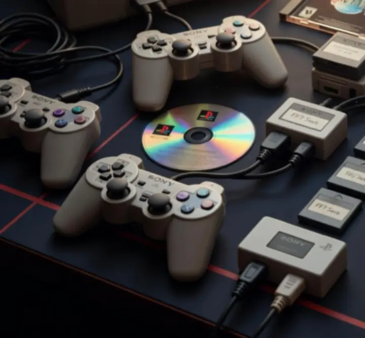 Zestaw retro akcesoriów PlayStation 1 i 2 na ciemnym tle