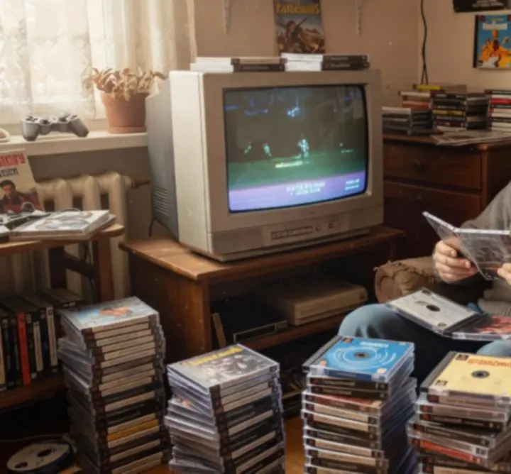 Kolekcjoner gier PlayStation w retro pokoju z półkami pełnymi klasycznych gier