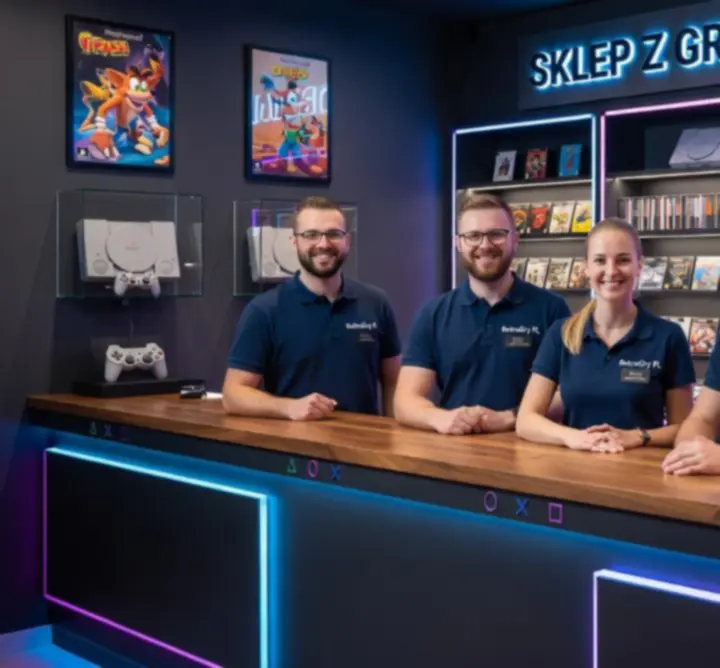 Zespół sklepu retro z klasycznymi grami PlayStation stojący na tle półek z grami