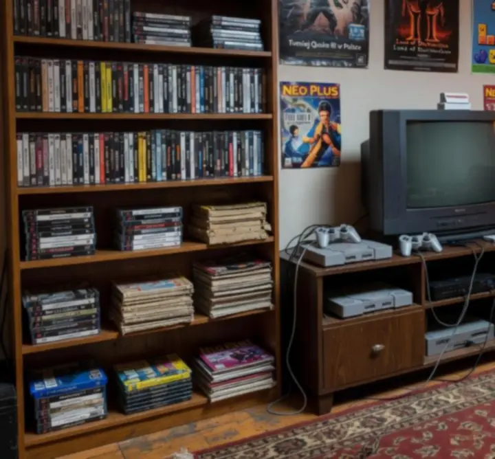 Nostalgiczny pokój retro gamera z plakatami PlayStation, kineskopowym telewizorem i półkami z grami