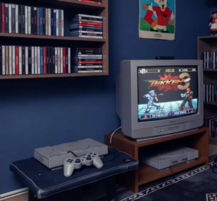 Retro pokój gracza z konsolą PlayStation, kineskopowym telewizorem i półkami pełnymi gier
